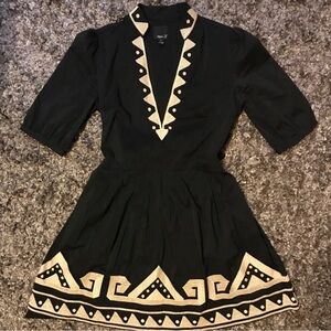 Aryn K Black Tan Embroidered Tie Fit Flare Boho Tunic Top Dress Small S